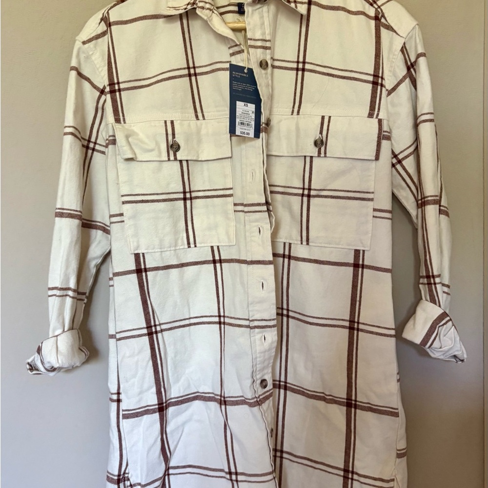 Plaid Flannel Shirt Dress - Cream and Brown